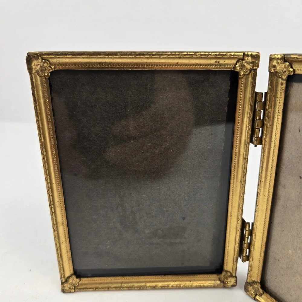 Vintage Gold Metal Folding Double Picture Frame Ornate Embossed Floral Bifold